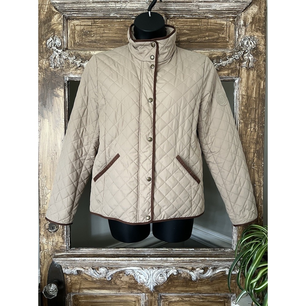 Womens Ralph Lauren Quilted Leather Trim Snap‎ Field Barn Coat Jacket 2021 LARGE